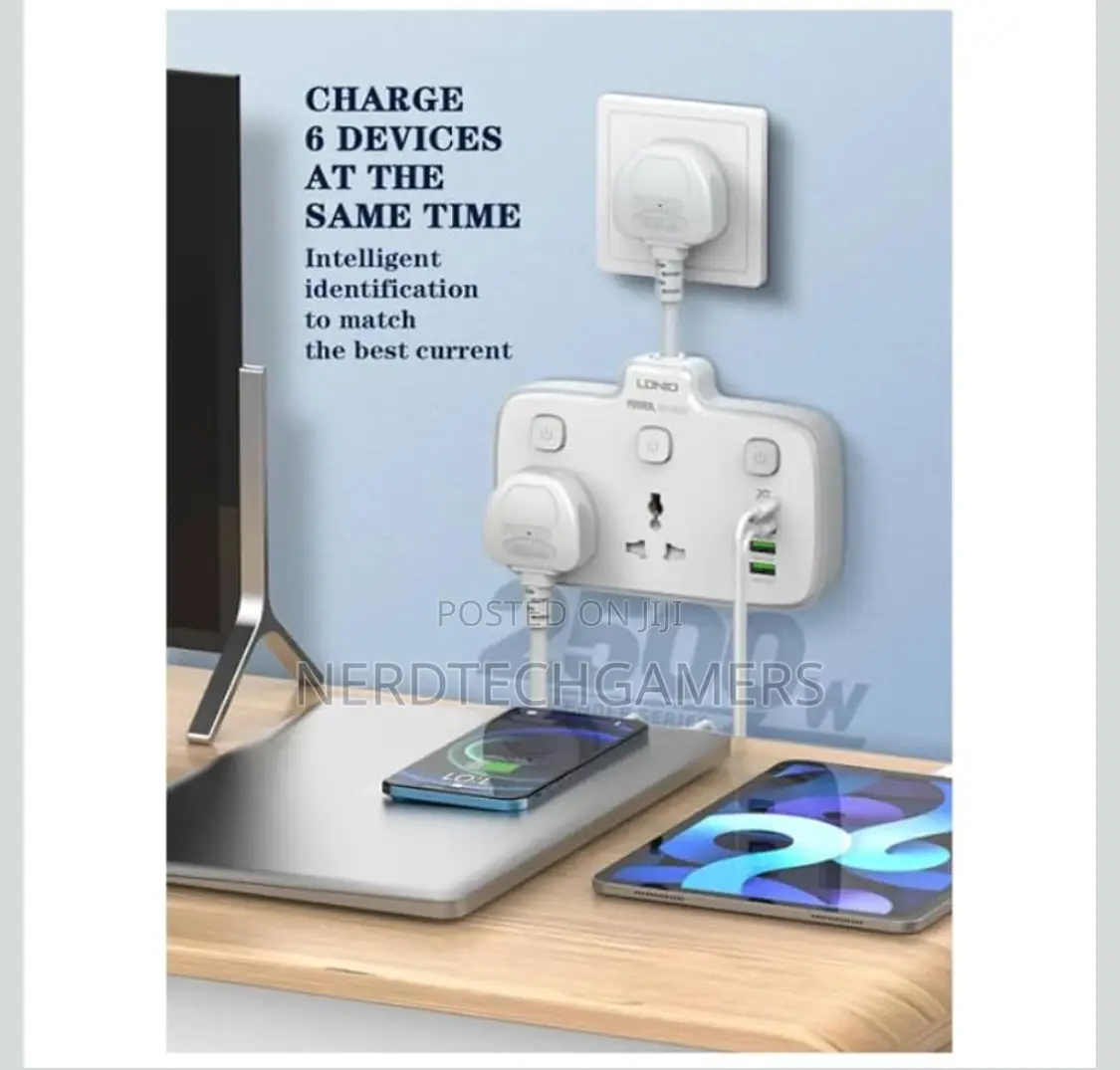 Ldnio. Sc2413 Universal Outlets Power Strip Tower 20w, 2 Power - White