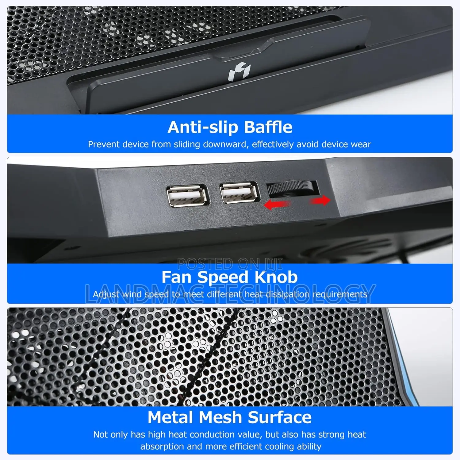 17" Foldable Laptop Cooler 6-Fan Stand Low Noise 6-Level