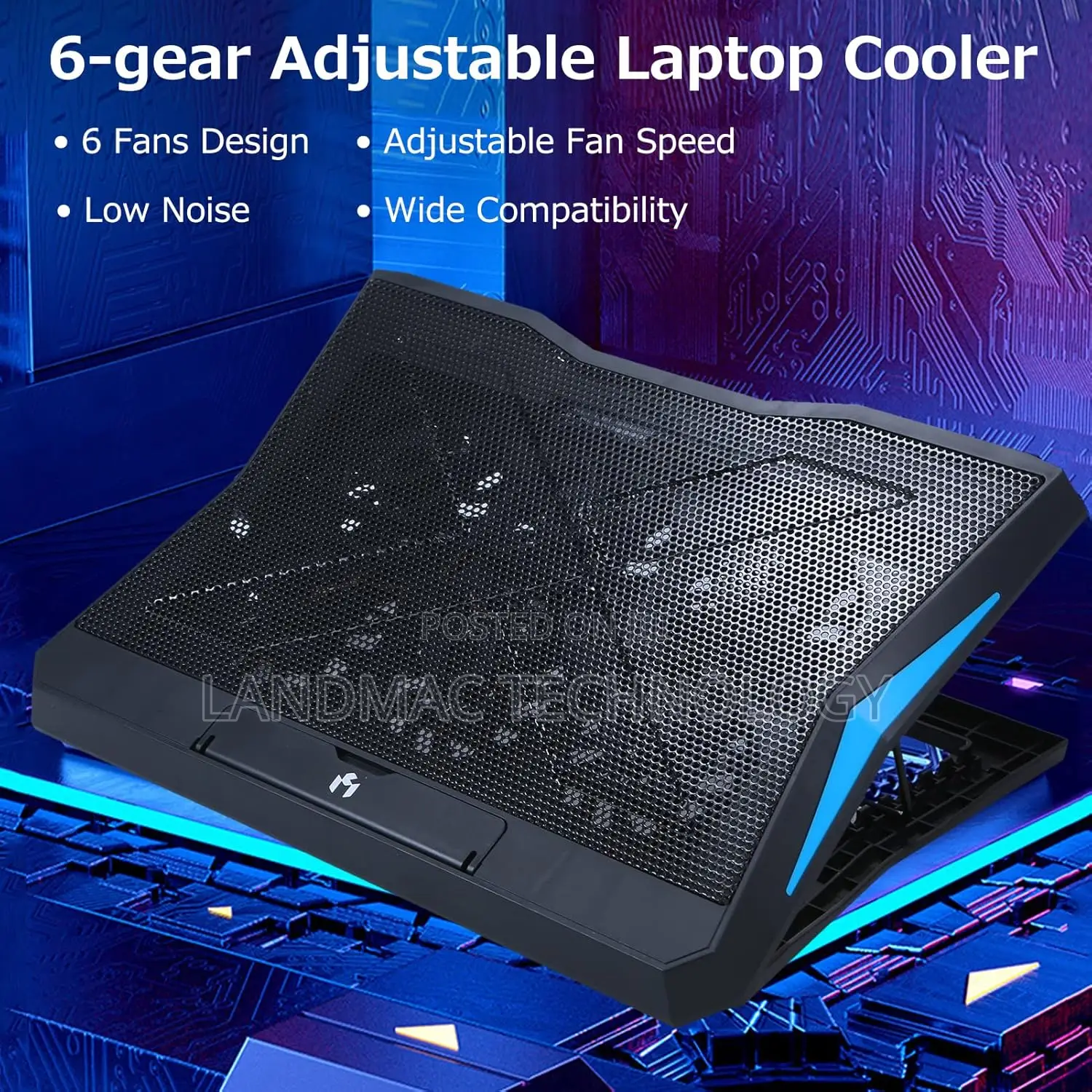17" Foldable Laptop Cooler 6-Fan Stand Low Noise 6-Level