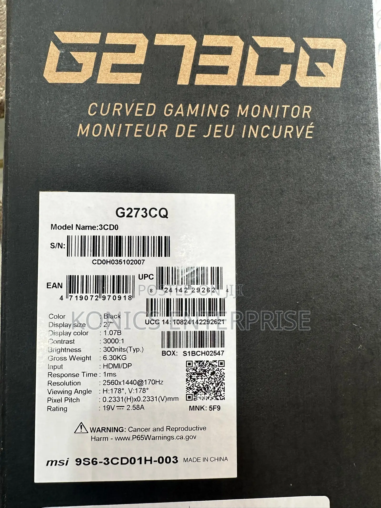 Msi G273cq, 27" Curved, Qhd, 170hz, Freesync, HDR Ready, Hdmi, Dp