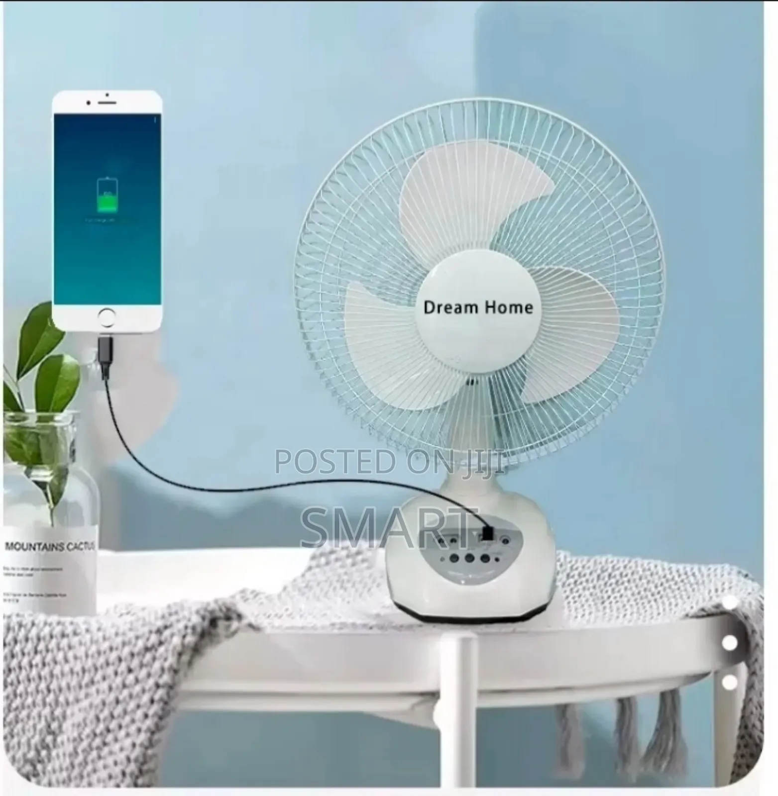 A Solar Powered Fan With Led Light, Bluetooth Speaker And Usb Port.