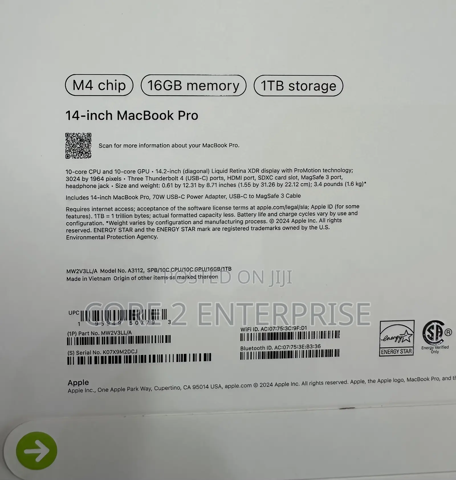 New Laptop Apple MacBook Pro 2024 M4 14-Inch 16GB Apple M4 SSD 1T