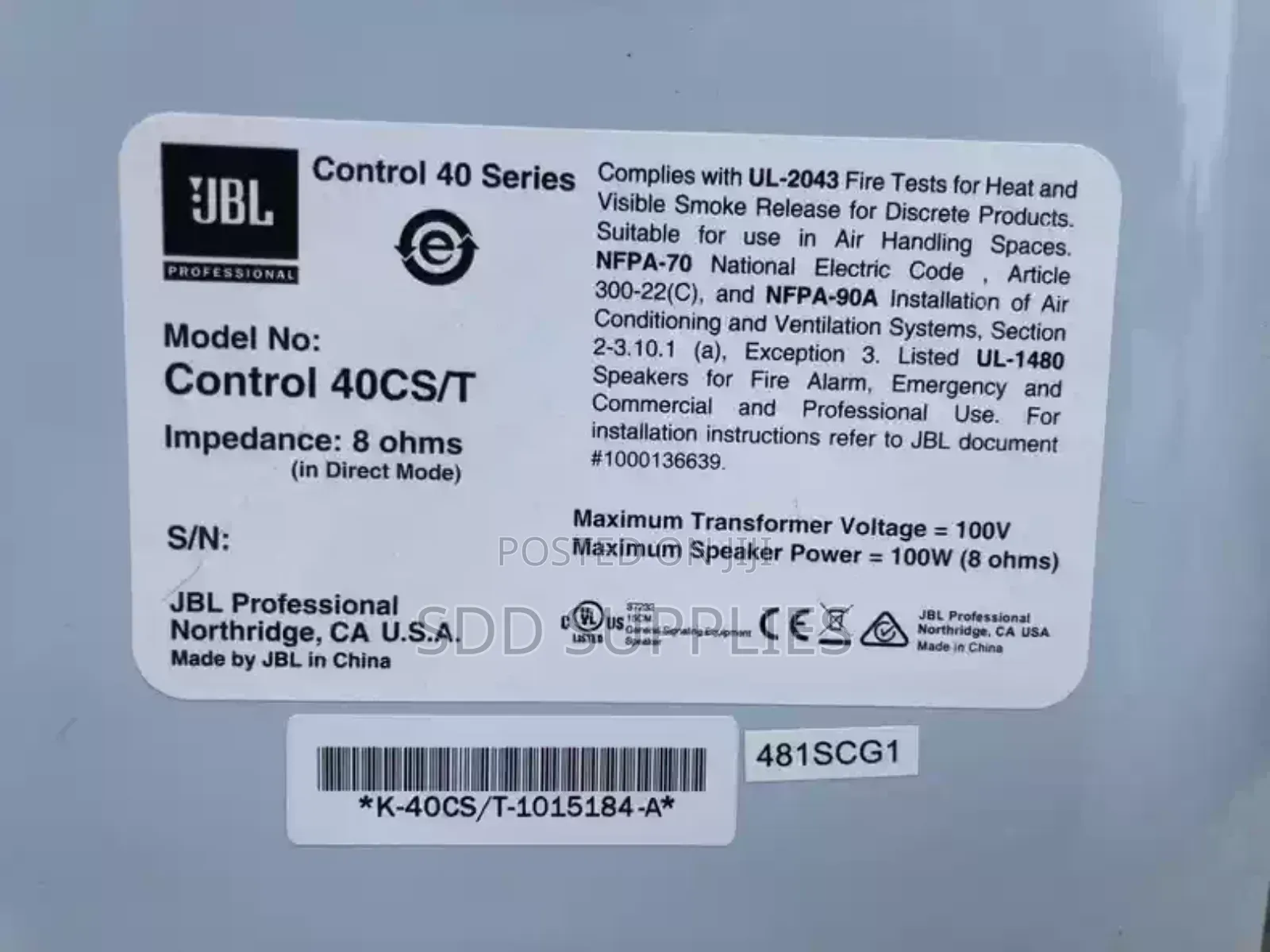 Industrial Heavy Duty JBL Control 40cs/T Ceiling Subwoofer