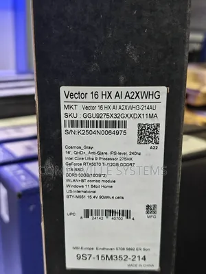 New Laptop MSI Vector 16 HX AI A2XWIG 32GB Intel Core Ultra 9 SSD 1T