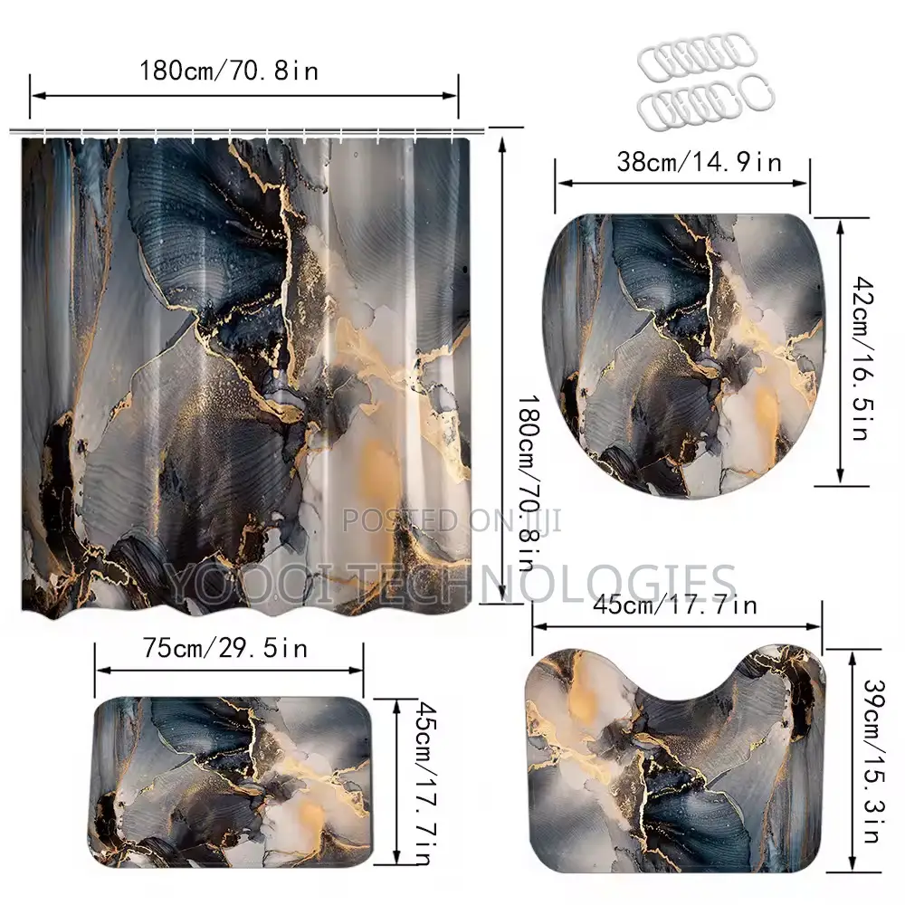 4pcs Marble Patterned Bathroom Shower Curtain Set