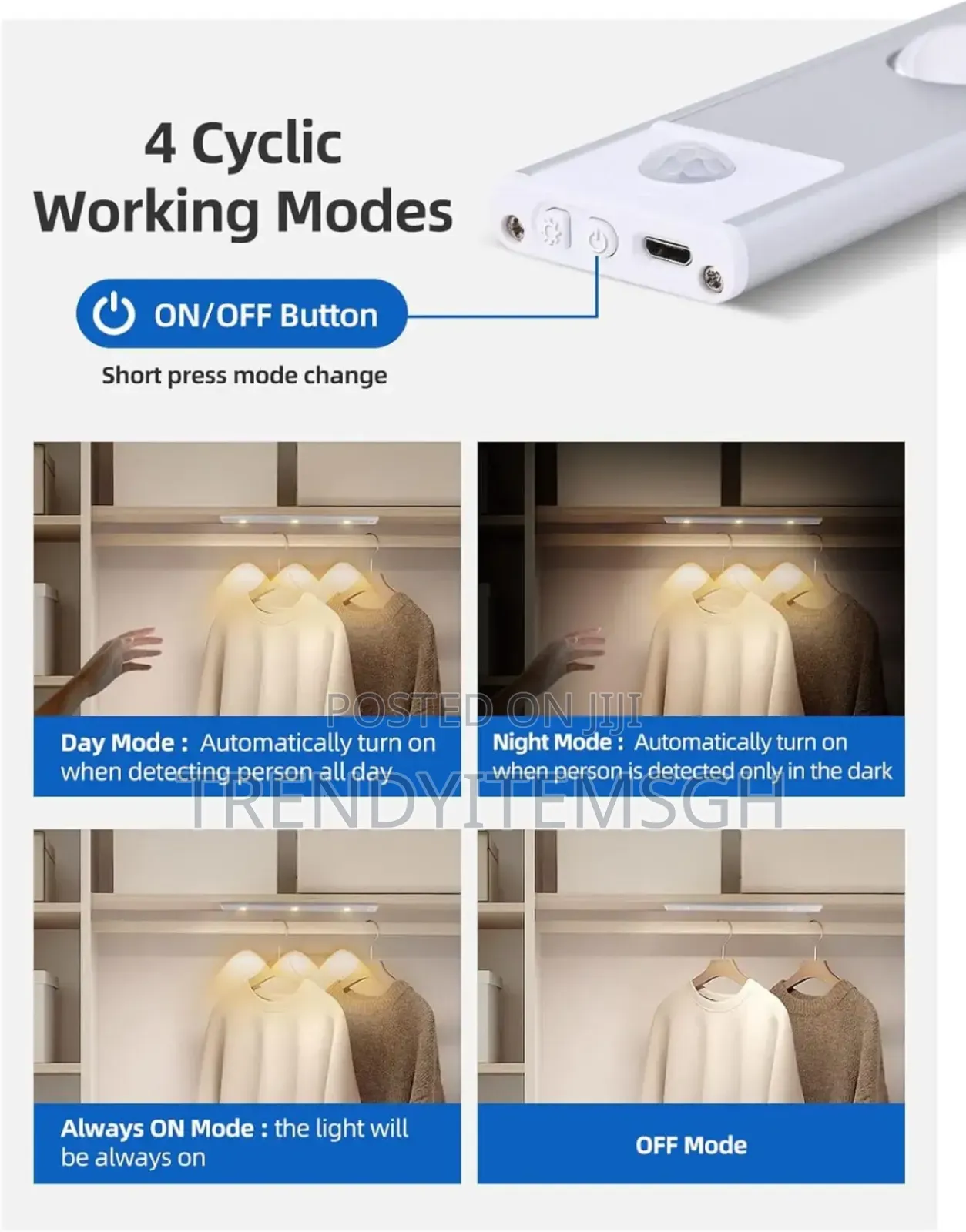 80cm Rechargeable Motion Sensor 3 Color Wardrobe Cabinet Light