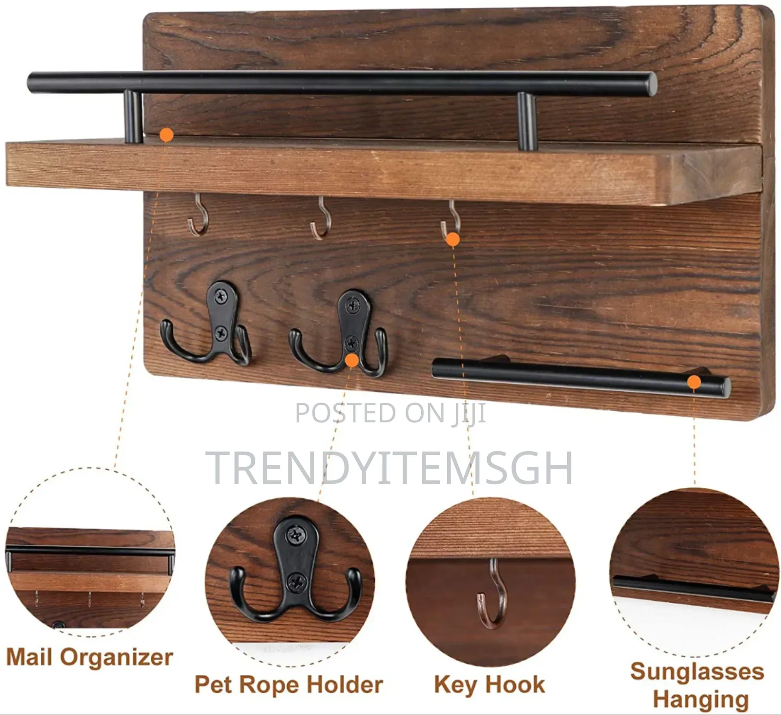 Wall Mounted Wooden Mail Organizer Key Hanging Rack Storage Shelf