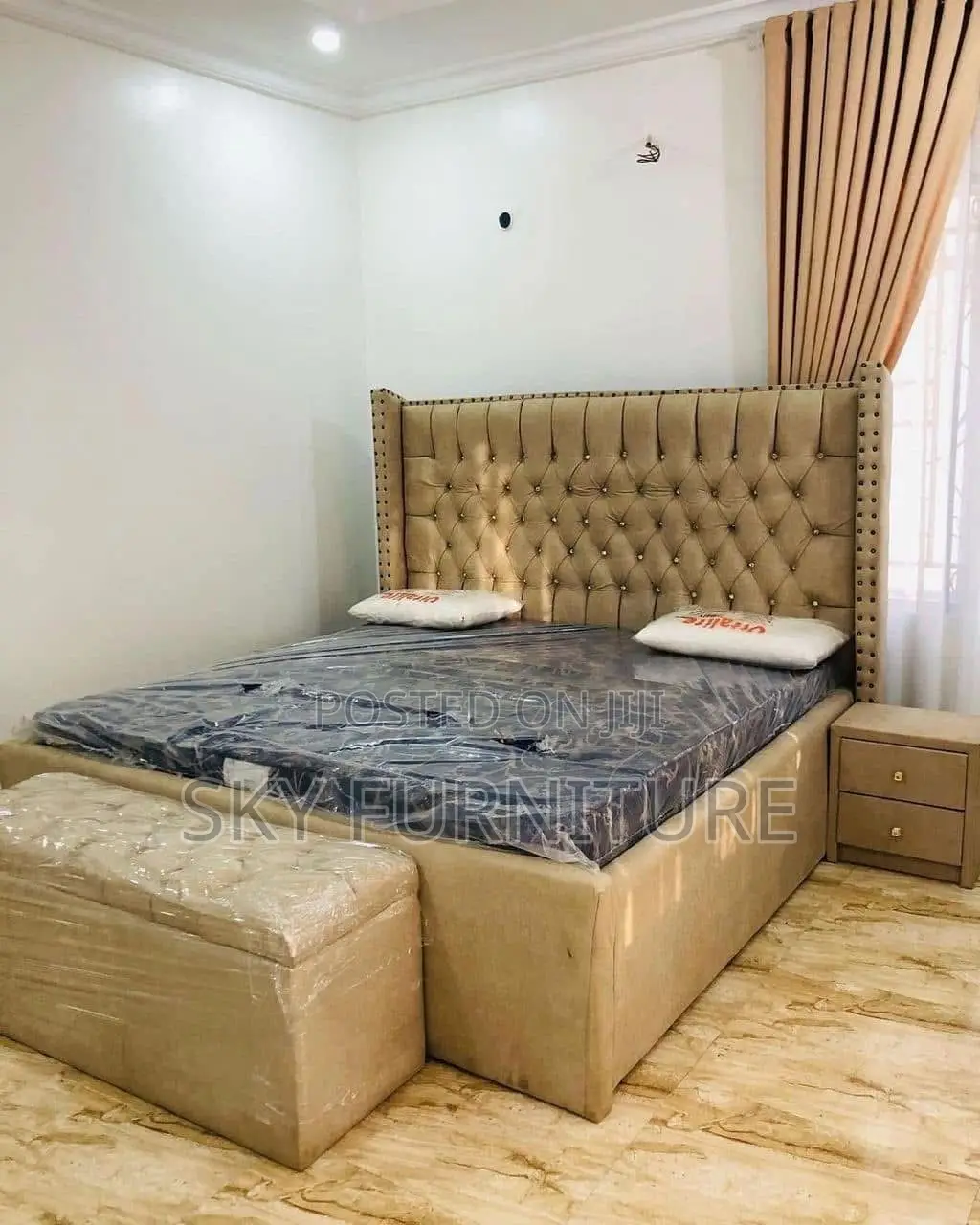City Queen-Size Bed Frame With Mattress Side Drawers and Ottoman