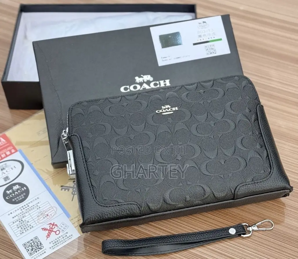 Coach Quality Leather Men’S All Black Clutch Bag