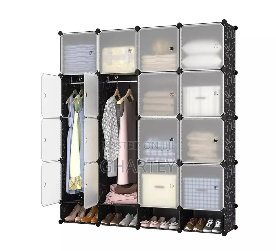 Modern Black With Transparent Doors Modular 16 Cubes Wardrobe Closet