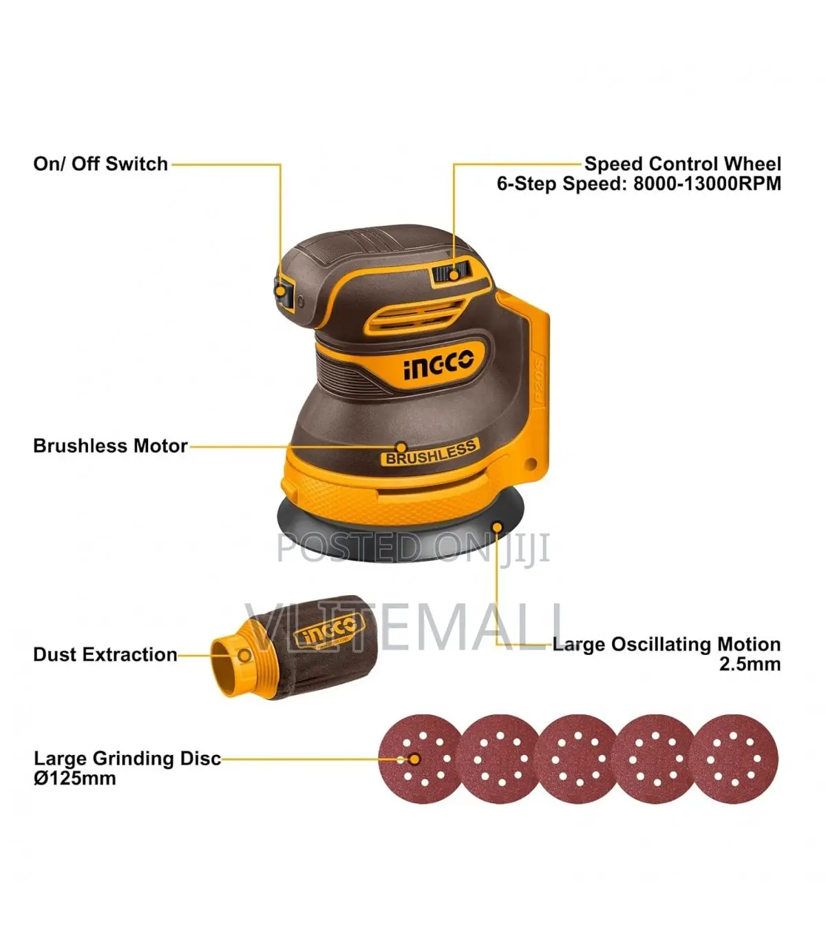 Ingco Crosli2002 20v Brushless Codless Random Orbit Sander - Bare Unit