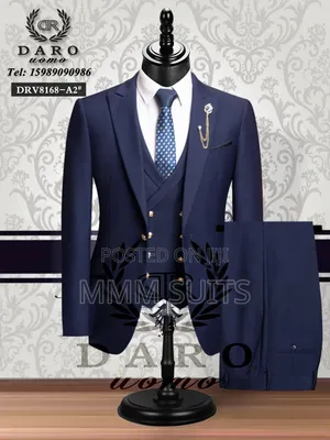 3-Piece Official Men Suit With Gold Buttons in Blue-Black From Turkey