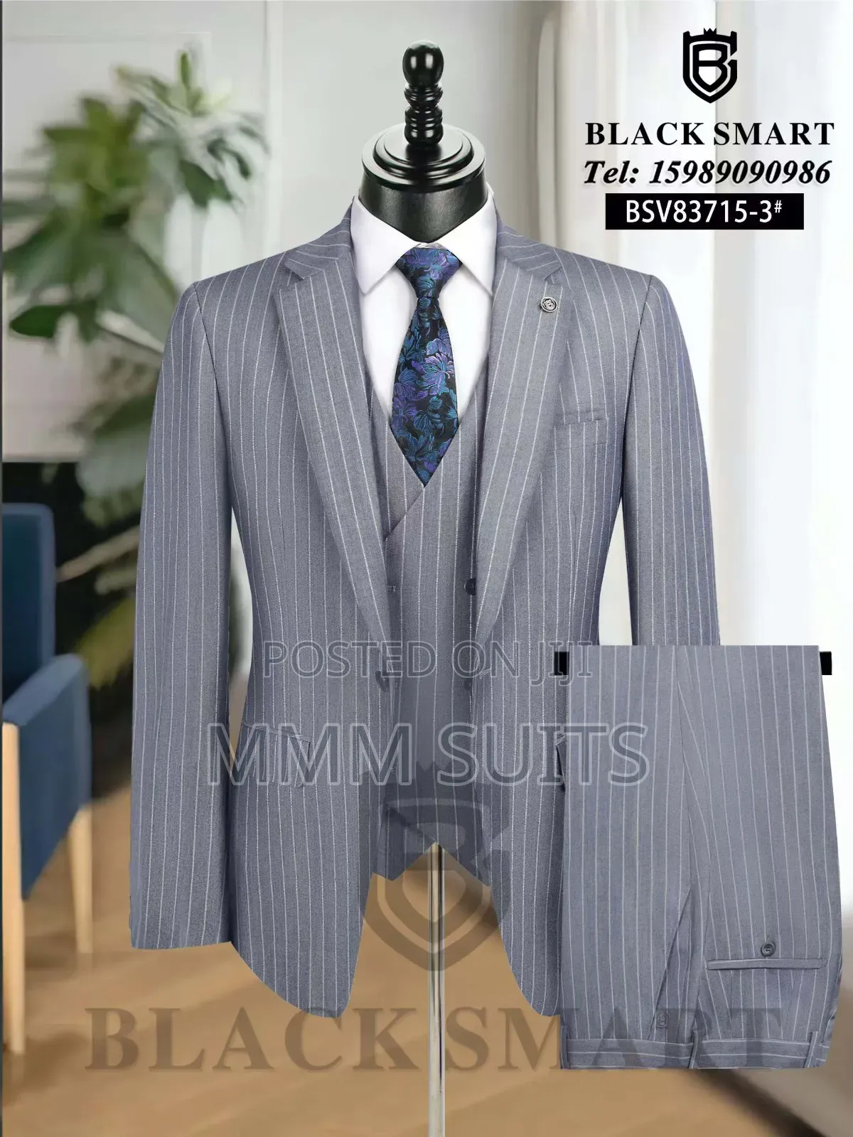 Elegant and Formal 3-Piece Turkish Stripped Men Suit Grey Stripes