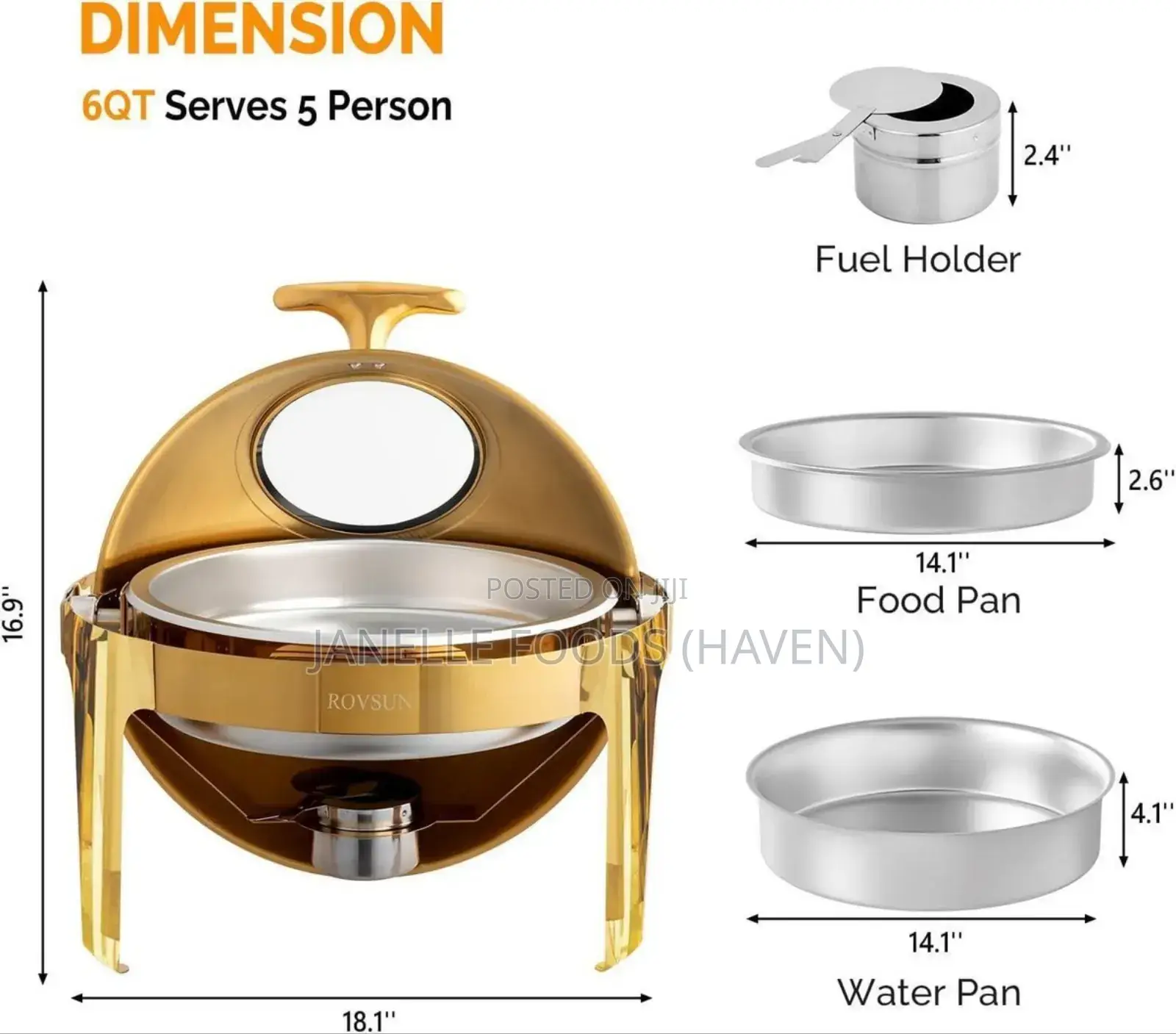 Gold-toned 6-quarts Round Chafing Dish