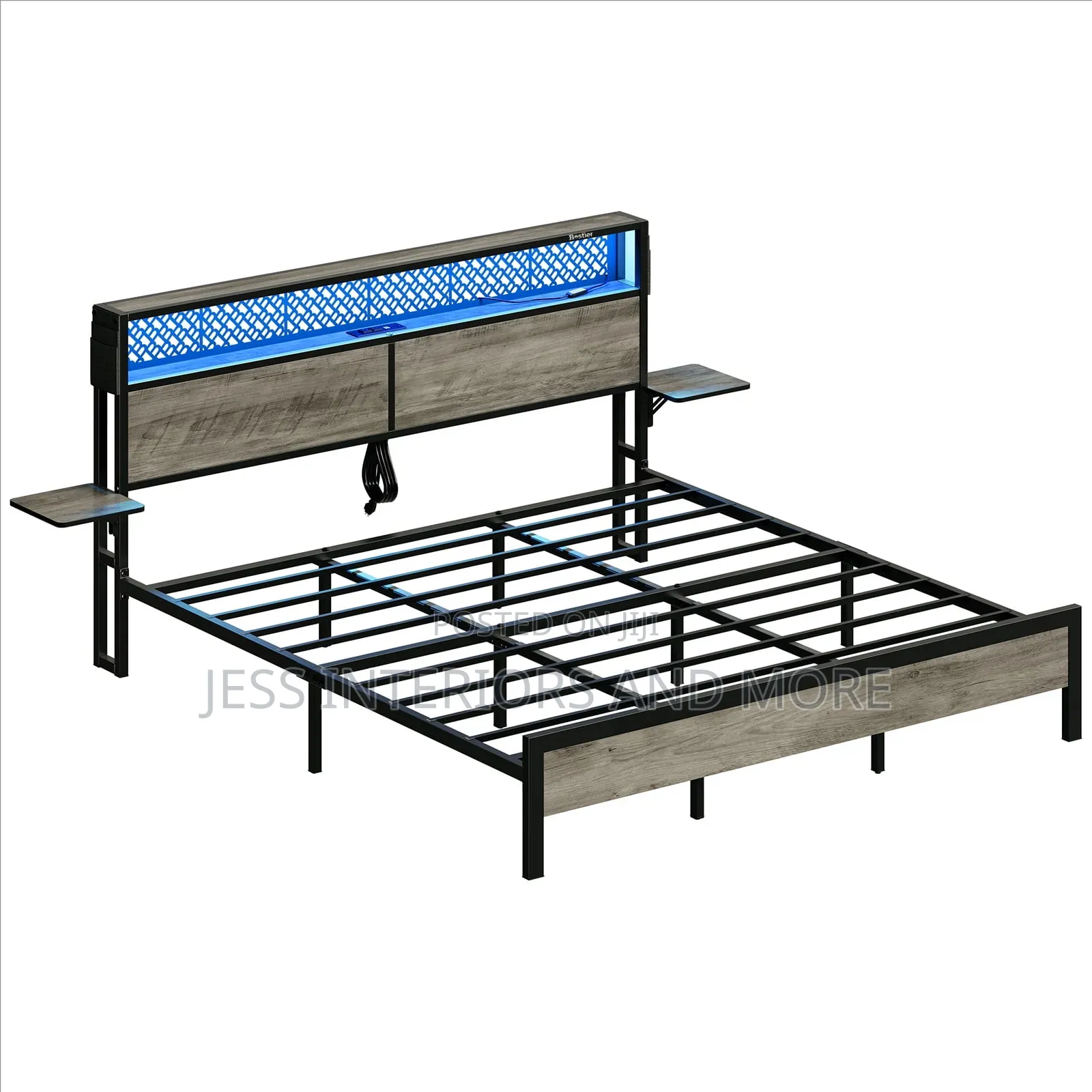 Bed Frame(King Size) With Bedside Shelves and Led Charge Station