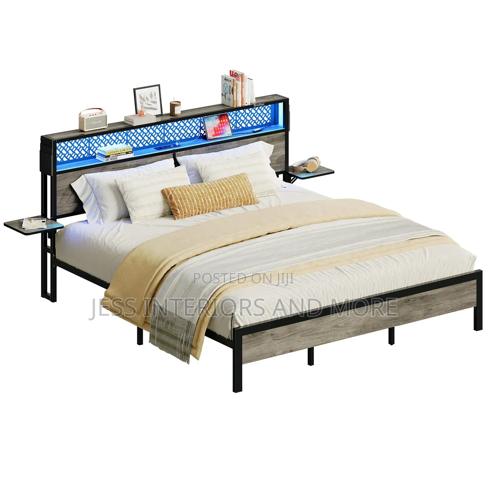 Bed Frame(King Size) With Bedside Shelves and Led Charge Station