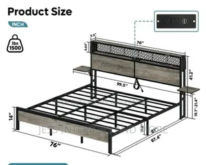 Bed Frame(King Size) With Bedside Shelves and Led Charge Station