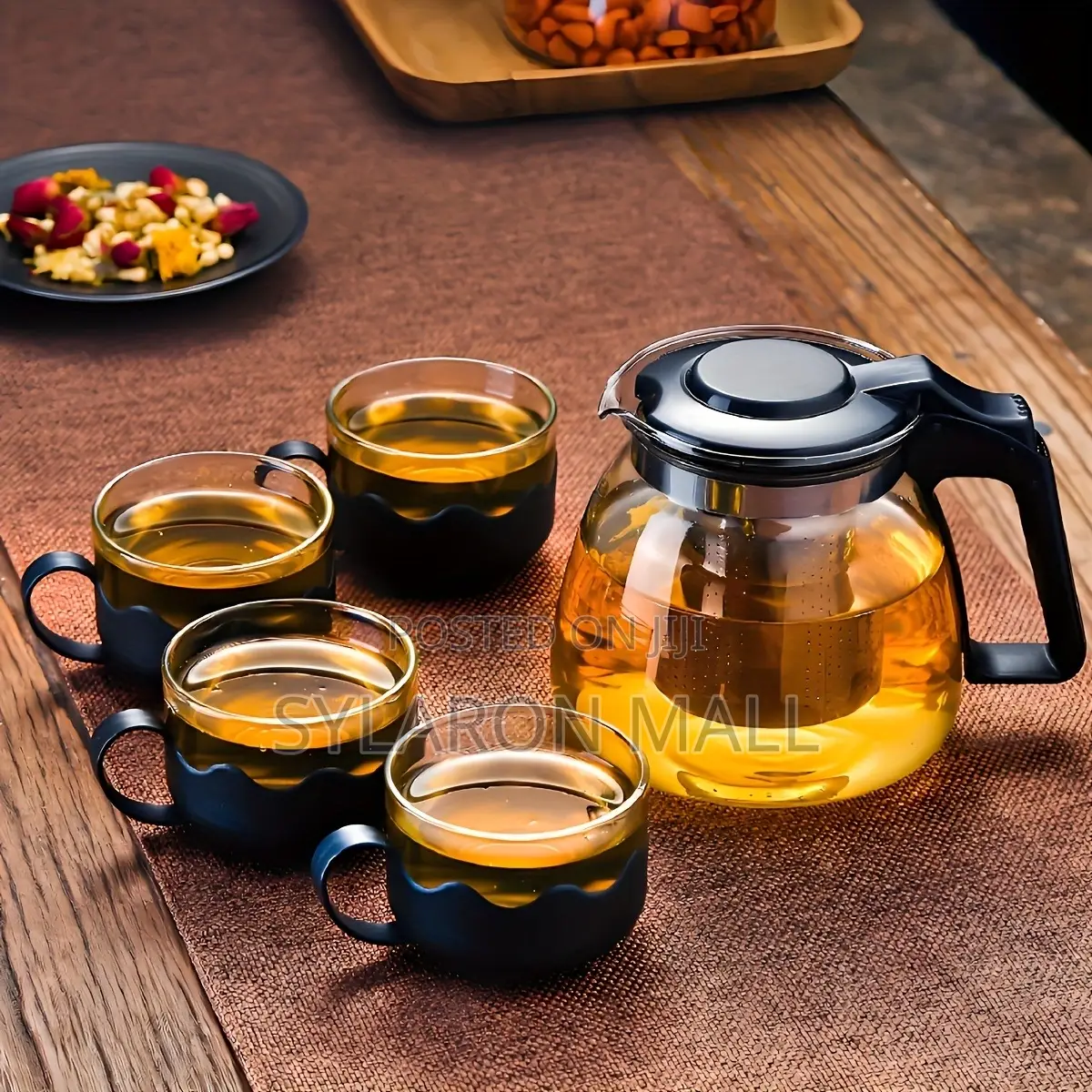 Glass Teapot Set With Stainless Steel Lid 4 Matching Cups