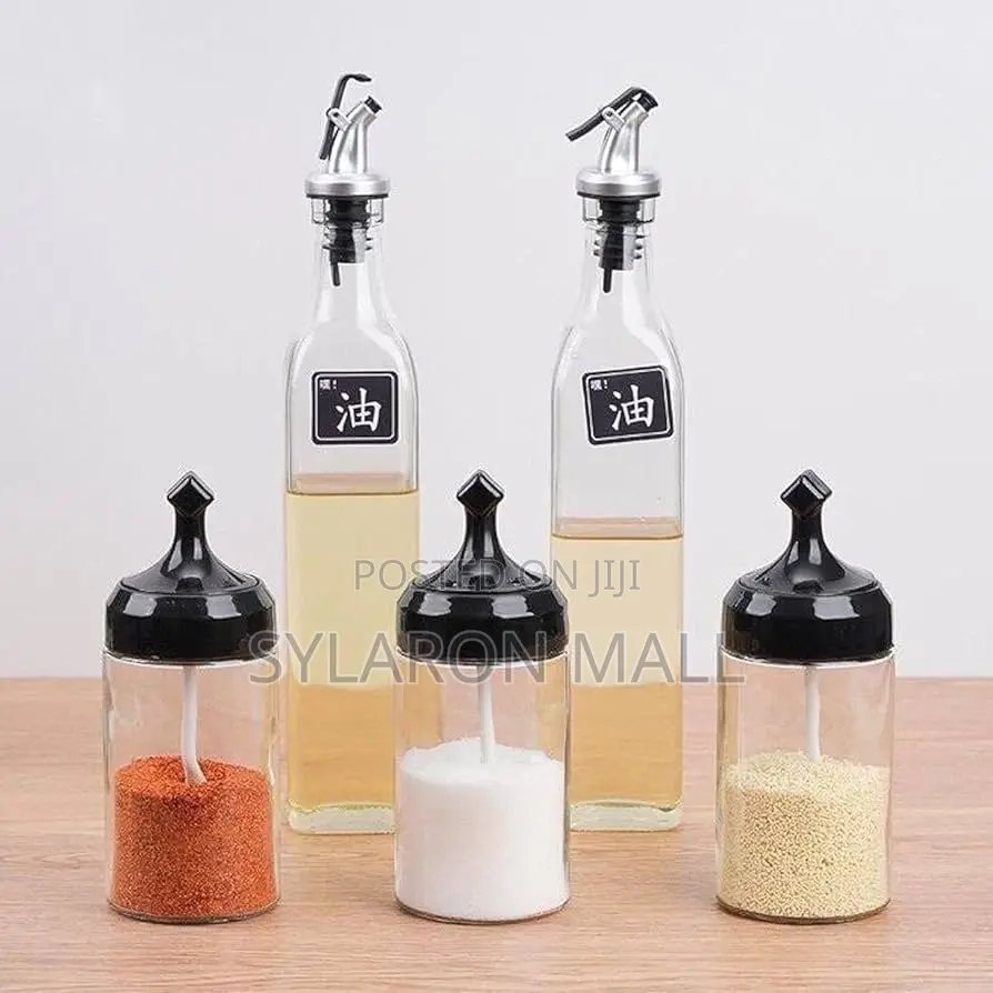 Kitchen Oil Spice Dispenser Set – 5-piece Glass Bottle Jar Combo