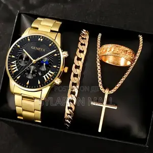 Men’S 4-in-1 Accessory Set – Watch, Bracelet, Ring Cross Pendant