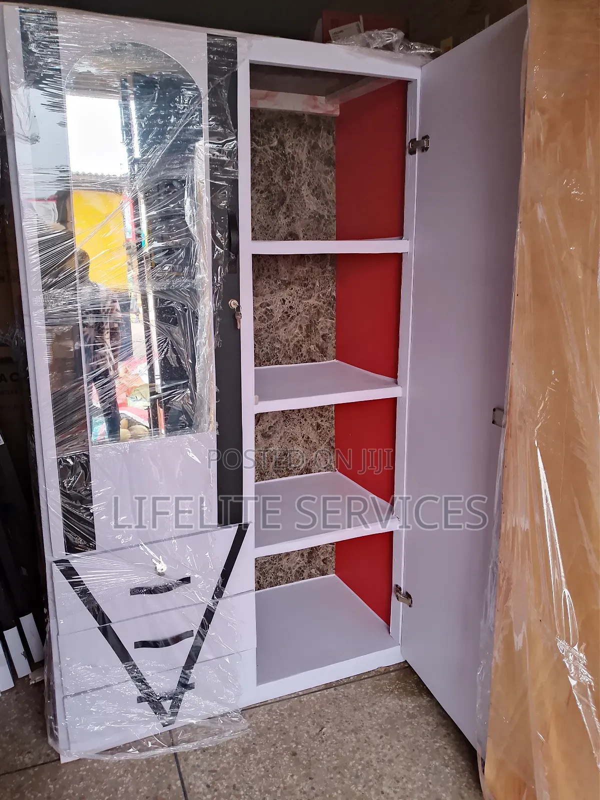 Modern Treated-Wood Wardrobe With Dressing Mirror Drawers