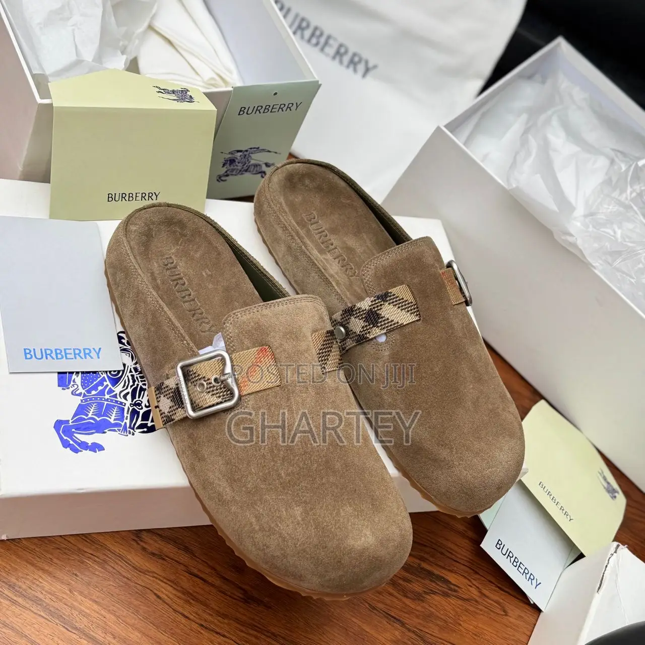 Authentic Burberry Suede Check Buckle Slip-on Sandals — Brown