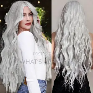Porsmeer White Silver Wavy Wig, 26 Inch Mid Part Curly, Natural Look