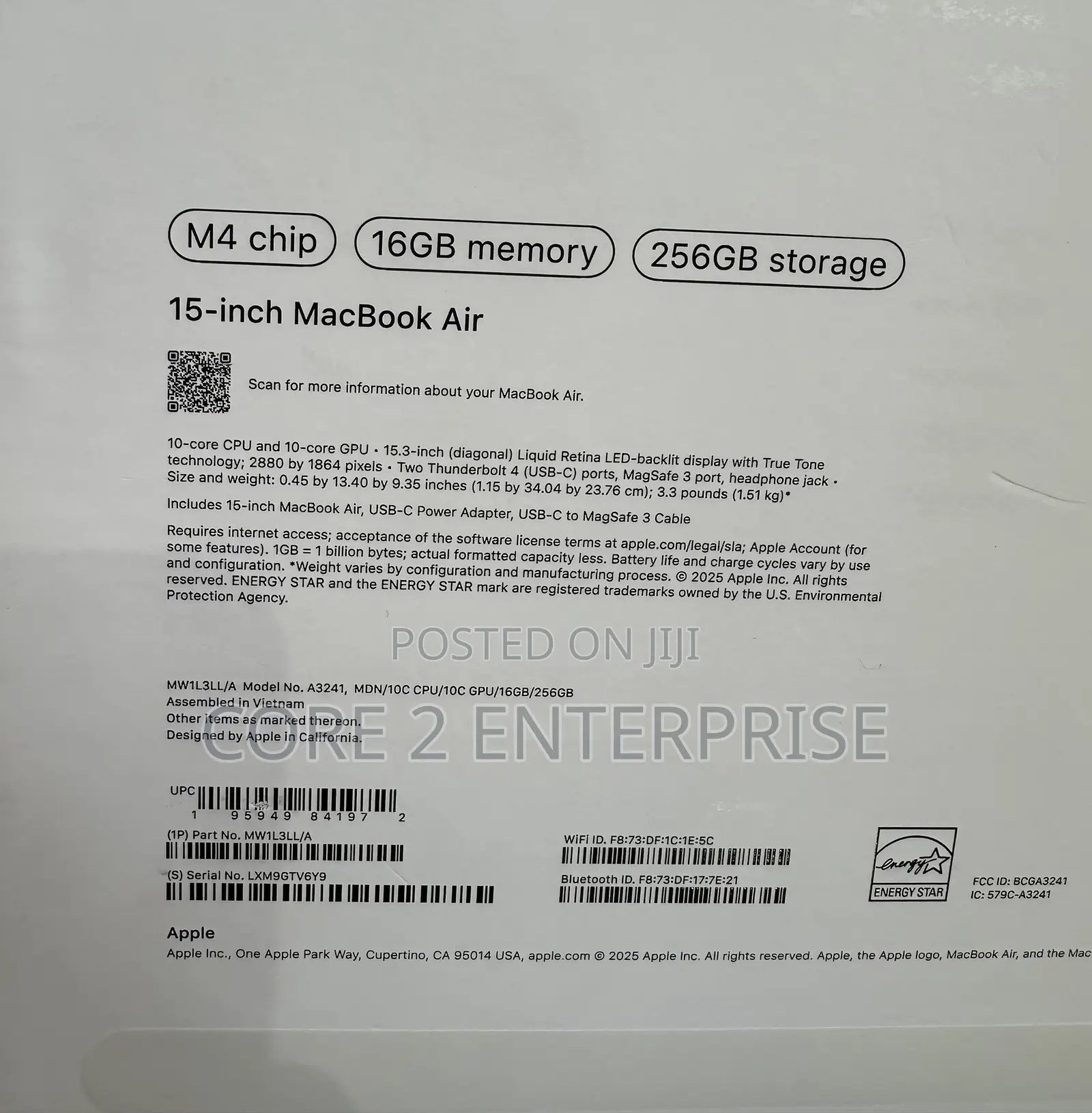 Laptop Apple MacBook Air 2025 M4 15-Inch 16GB Apple M4 SSD 256GB