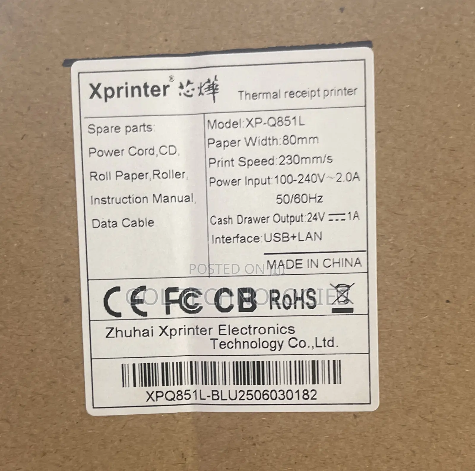 Thermal Receipt Printer Model: Xp-Q851l Paper Width: 80mm Print Speed