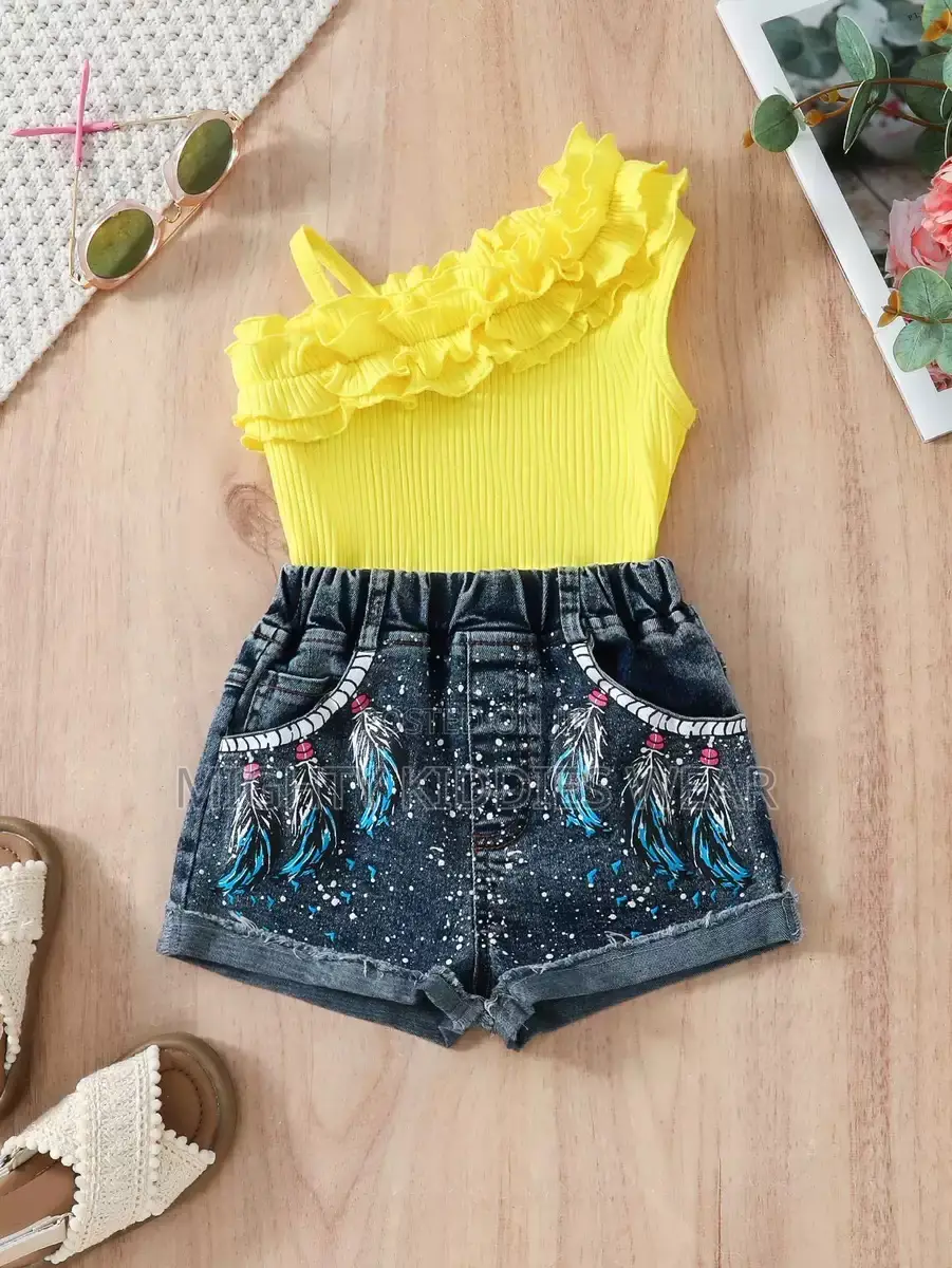 Girls Casual Shoulder Lace Halter Top Printed Denim Shorts Age 4yrs
