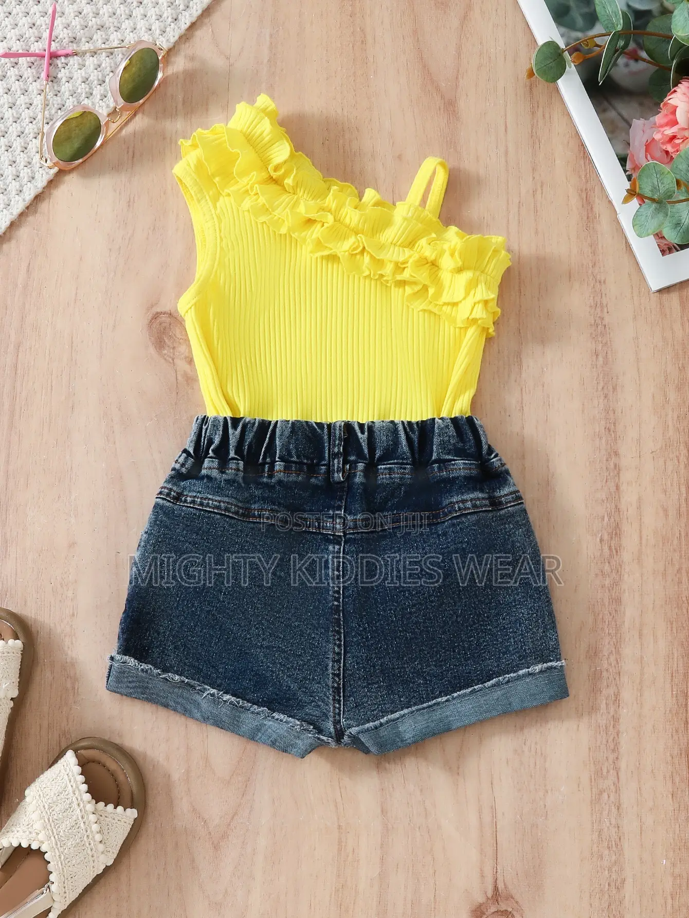 Girls Casual Shoulder Lace Halter Top Printed Denim Shorts Age 4yrs