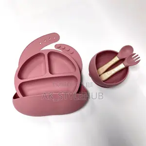 Silicone Tableware Set , Bibs Suction Bowl Spoon Plate Fork 5set