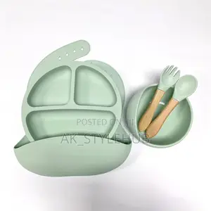 Silicone Tableware Set , Bibs Suction Bowl Spoon Plate Fork 5set