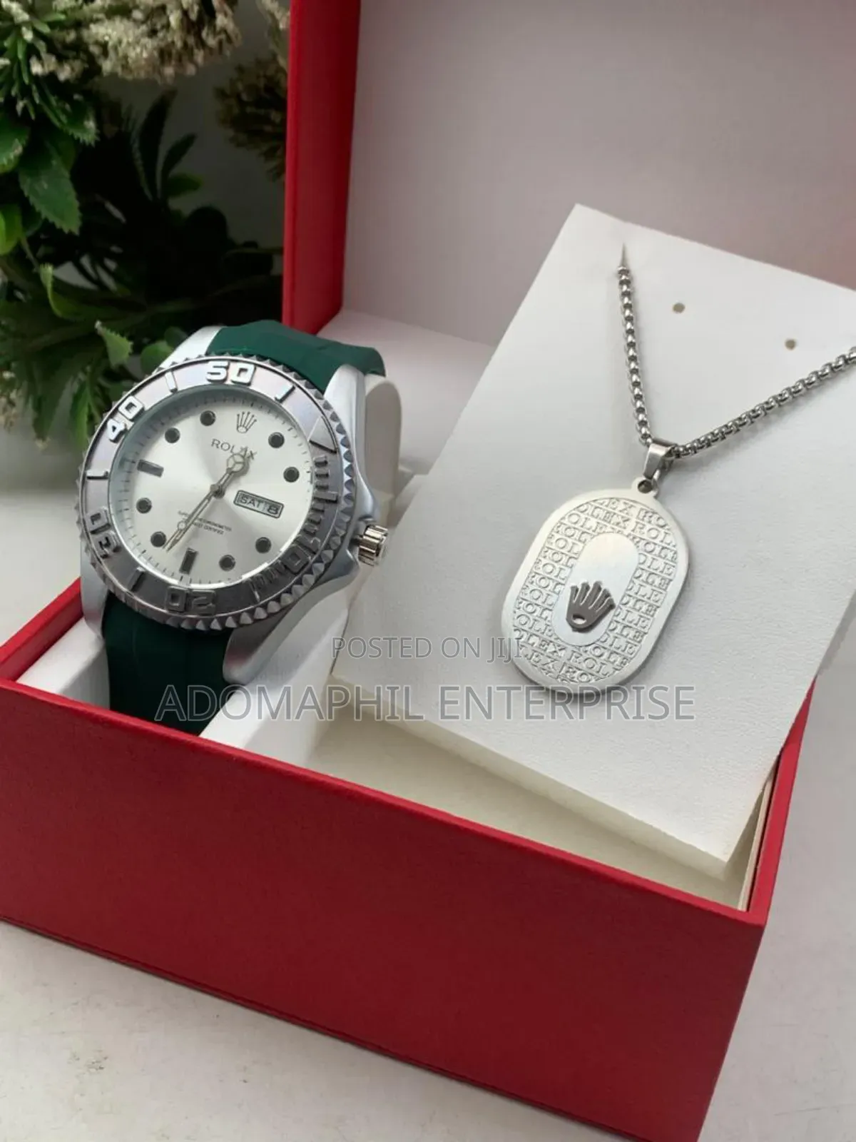 Anti-Fade Authentic Rolex Silicon Strap Watch and Necklace