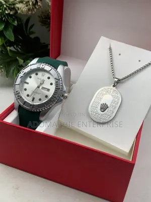Anti-Fade Authentic Rolex Silicon Strap Watch and Necklace
