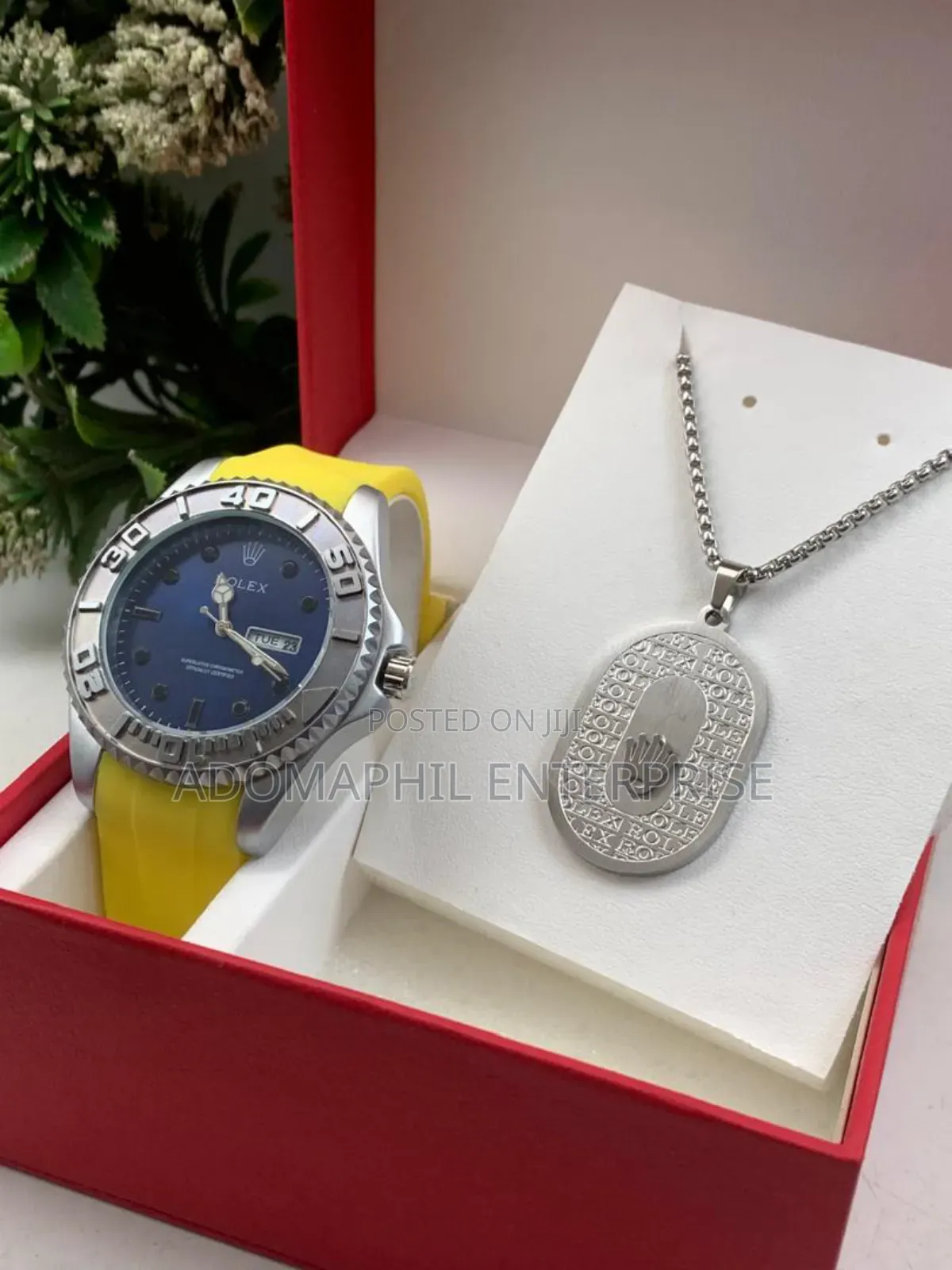 Anti-Fade Authentic Rolex Silicon Strap Watch and Necklace
