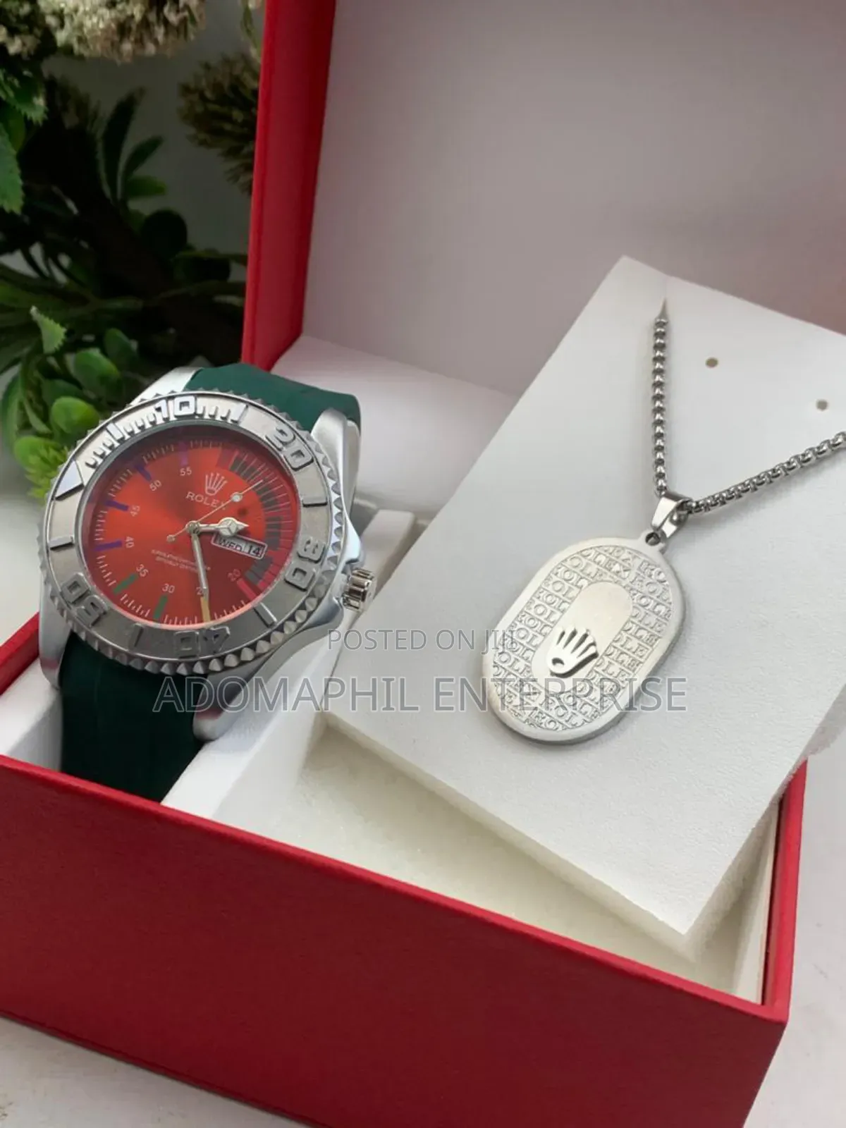 Anti-Fade Authentic Rolex Silicon Strap Watch and Necklace