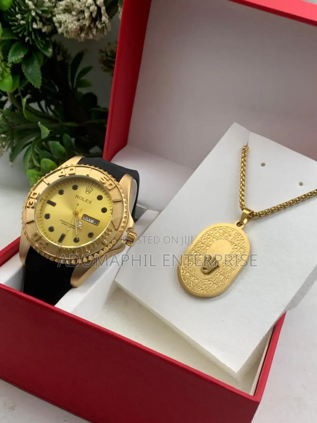 Anti-Fade Authentic Rolex Silicon Strap Watch and Necklace