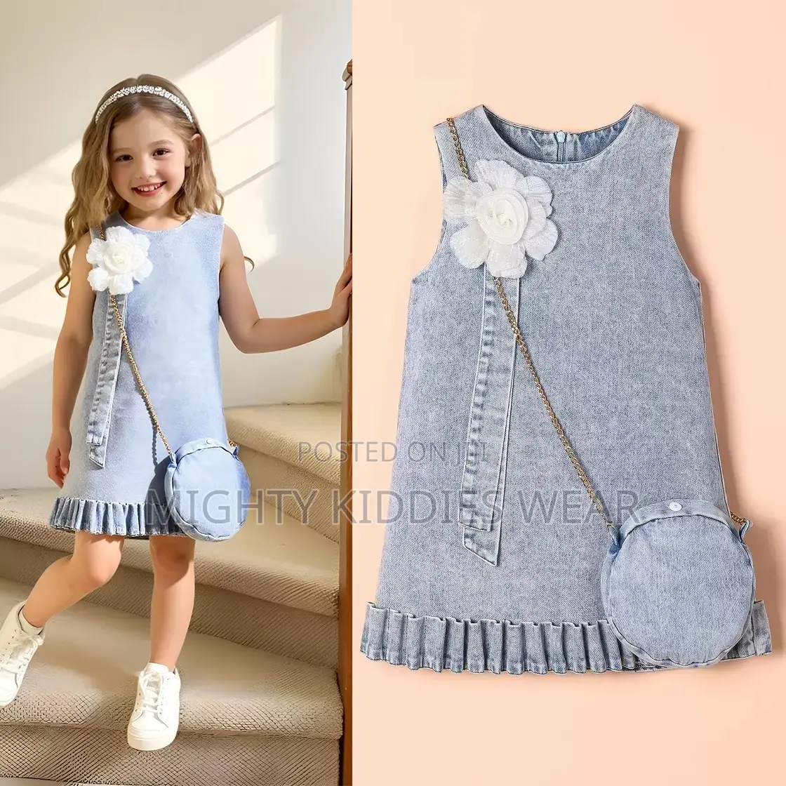 Girls' Sleeveless Flower Denim Dress With Bag Ages 6-7yrs