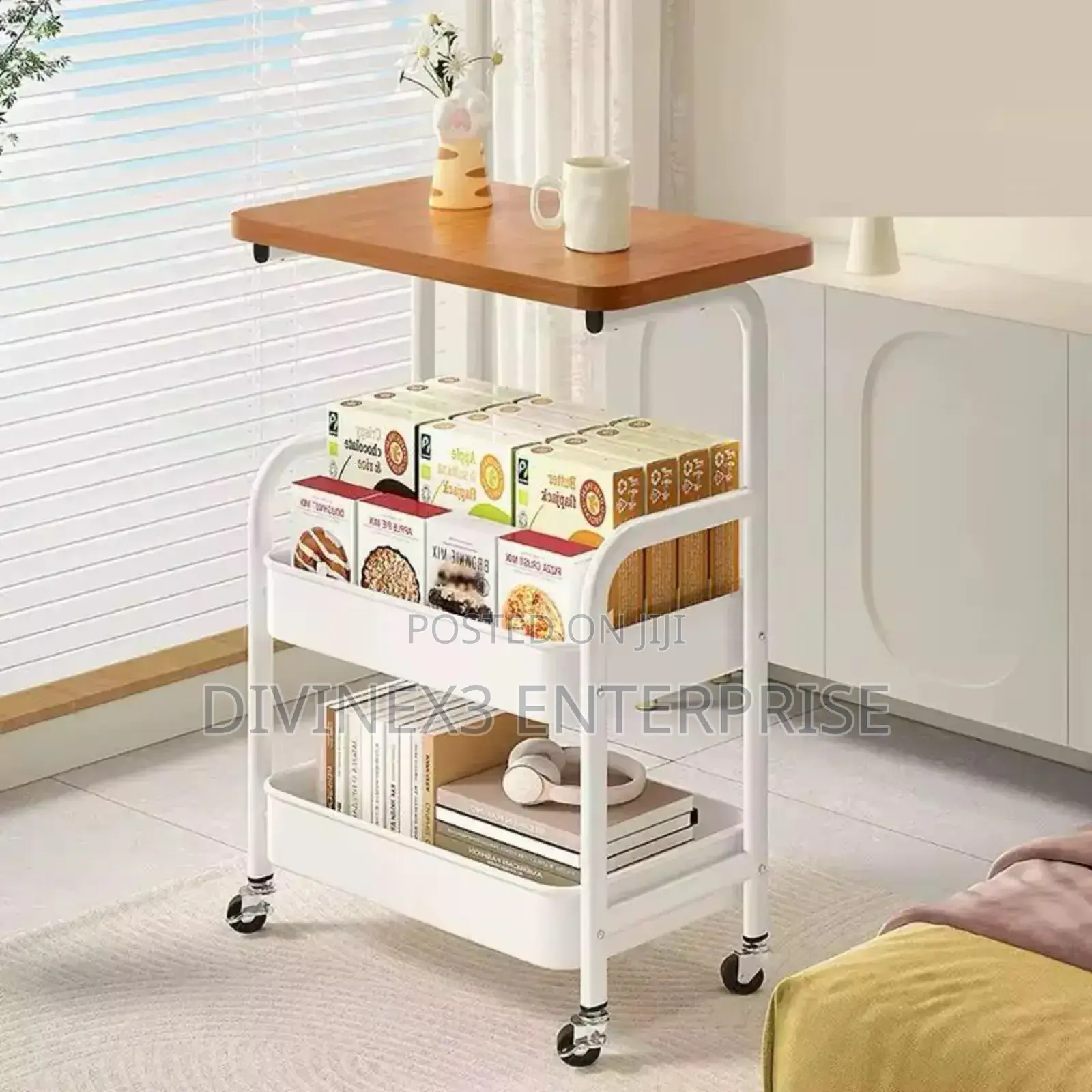 3-Tier Rolling Storage Cart With Wooden Tabletop