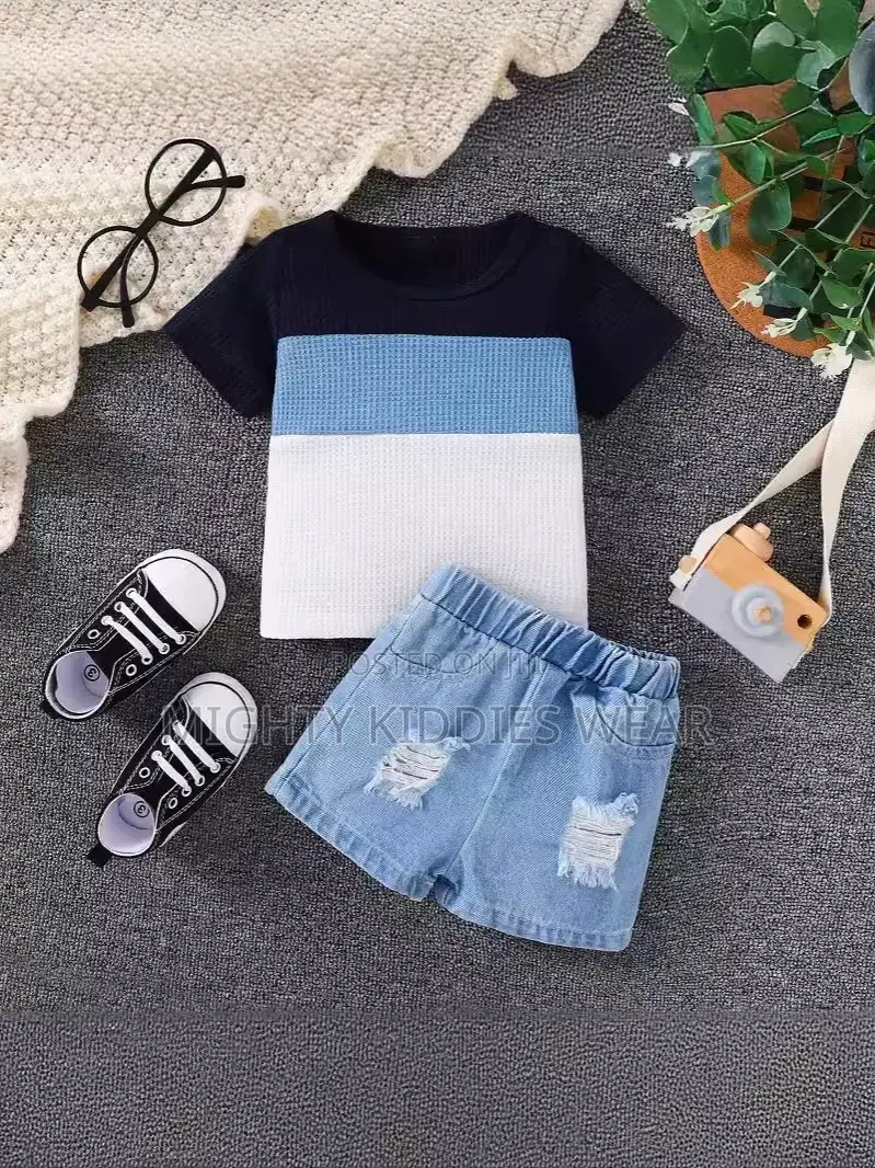 Baby Boys Blue and White Striped Waffles Top Denim Shorts Ages 18-24m