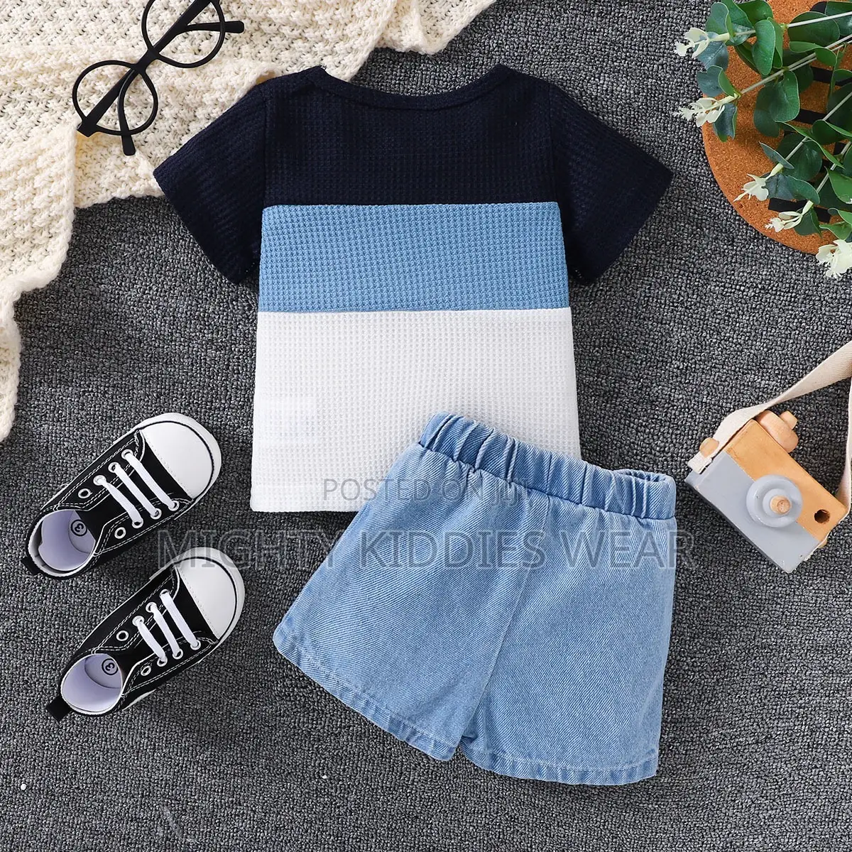 Baby Boys Blue and White Striped Waffles Top Denim Shorts Ages 18-24m