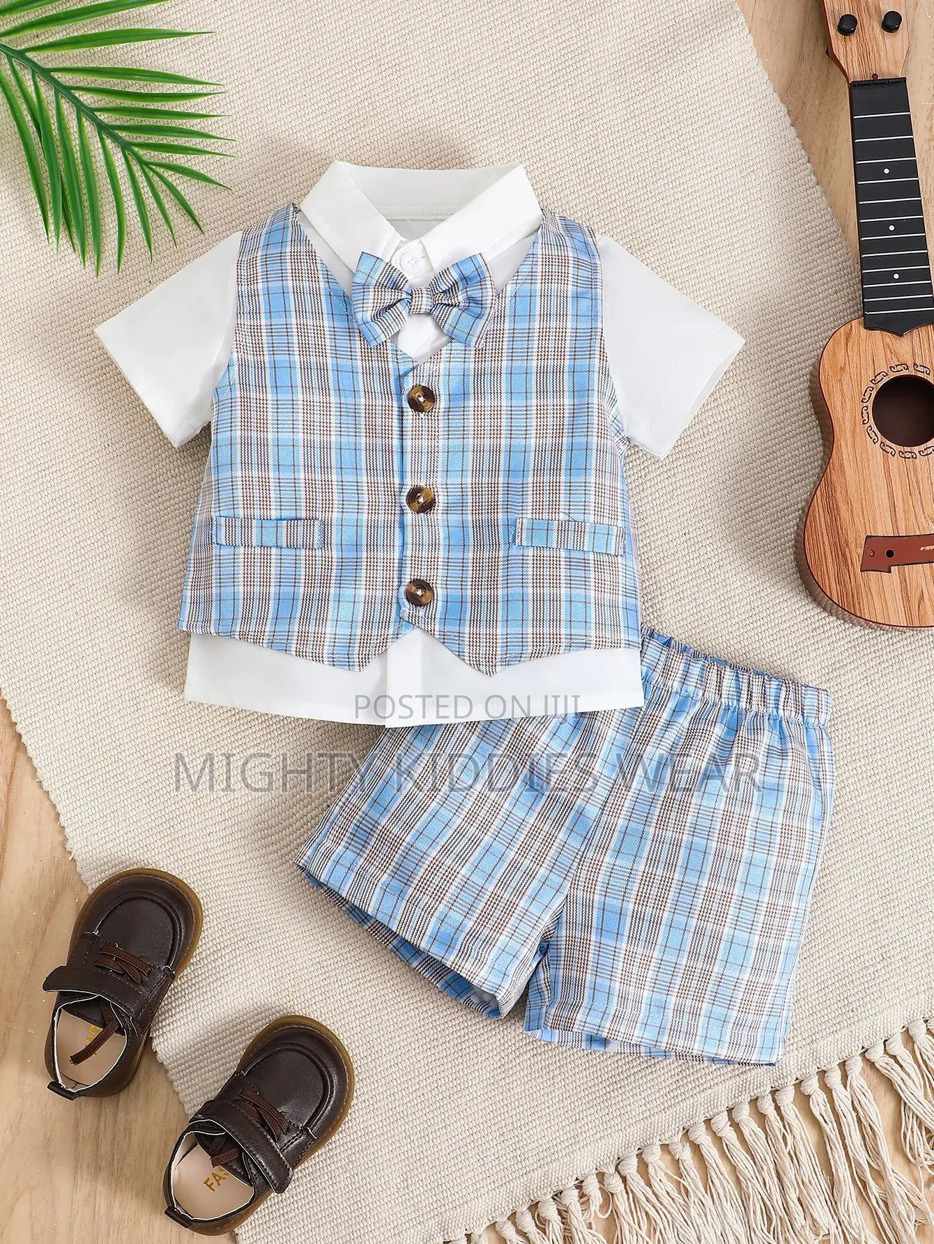 Boys, Short-Sleeved Plaid Bow Lapel Shirt + Shorts Ages 9m -2yrs