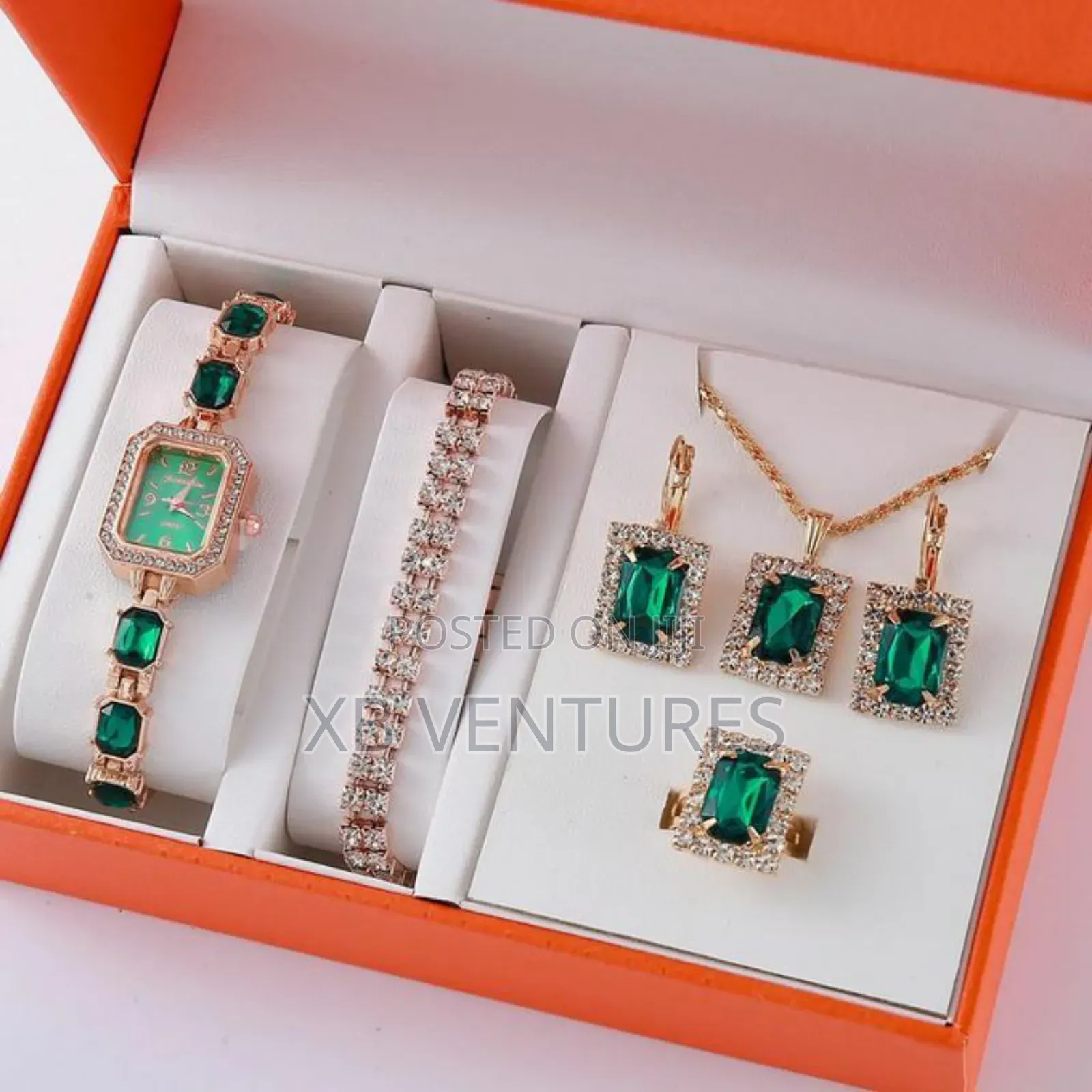Rhinestone Jewelry Set - Watch + Bracelet - Green