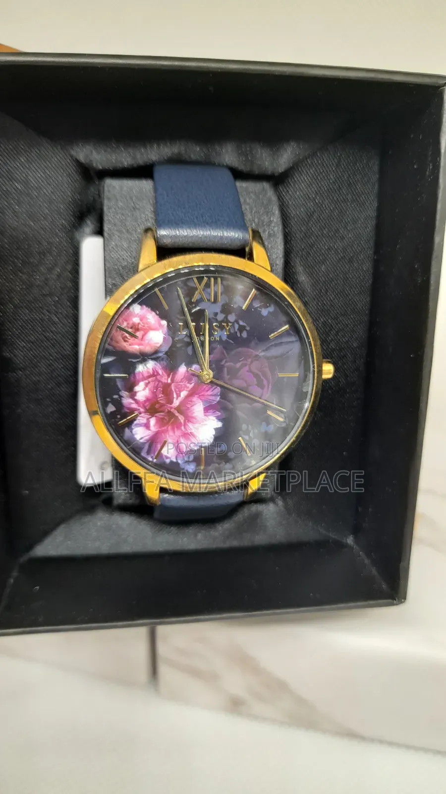 Lipsy Floral Dial Navy Leather Strap Watch