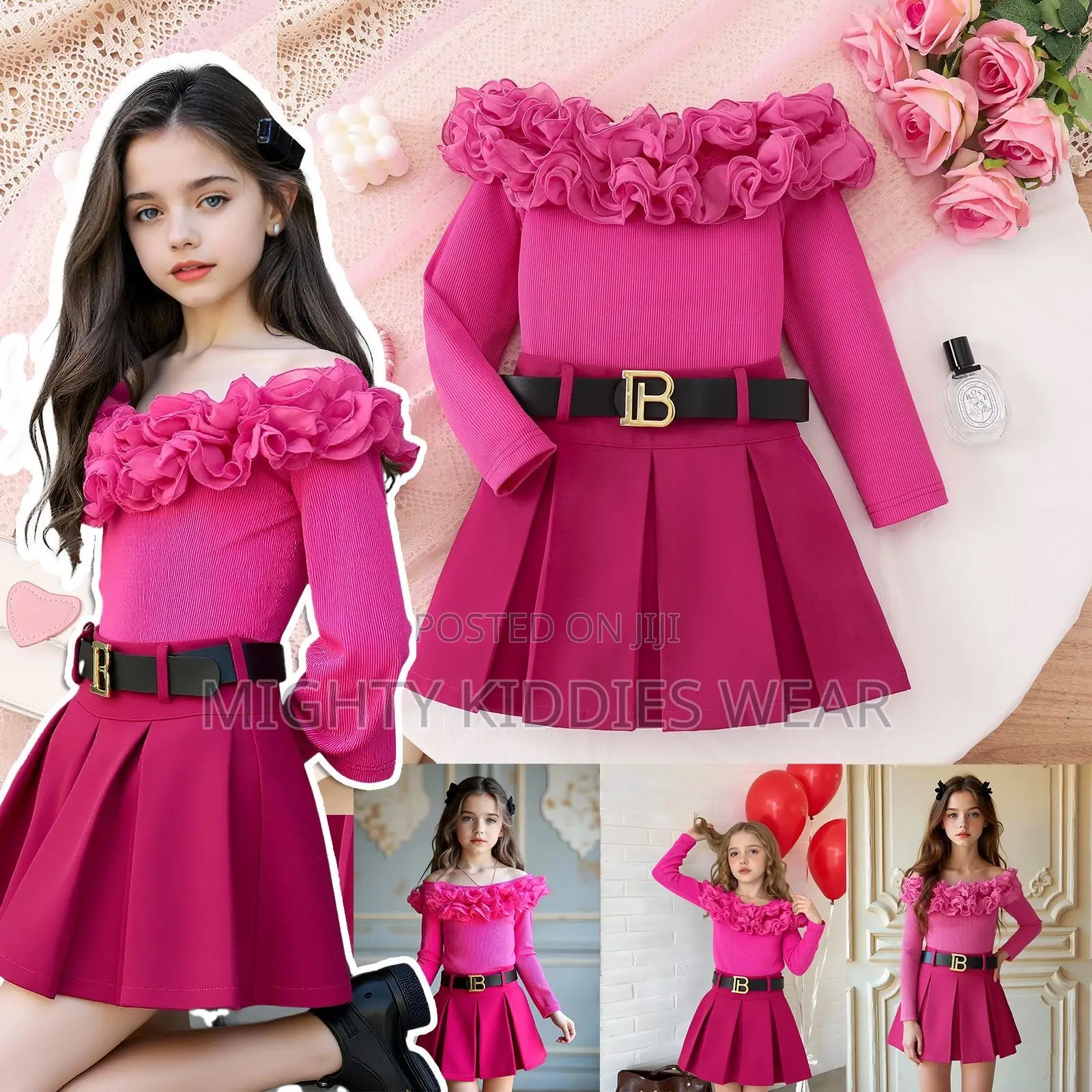 Girls Long-Sleeved T-Shirt + Pure Color Skirt + Belt Ages 6yrs