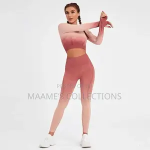 Ombre Women Yoga Set Seamless Leggings And Long Sleeve Crop Top