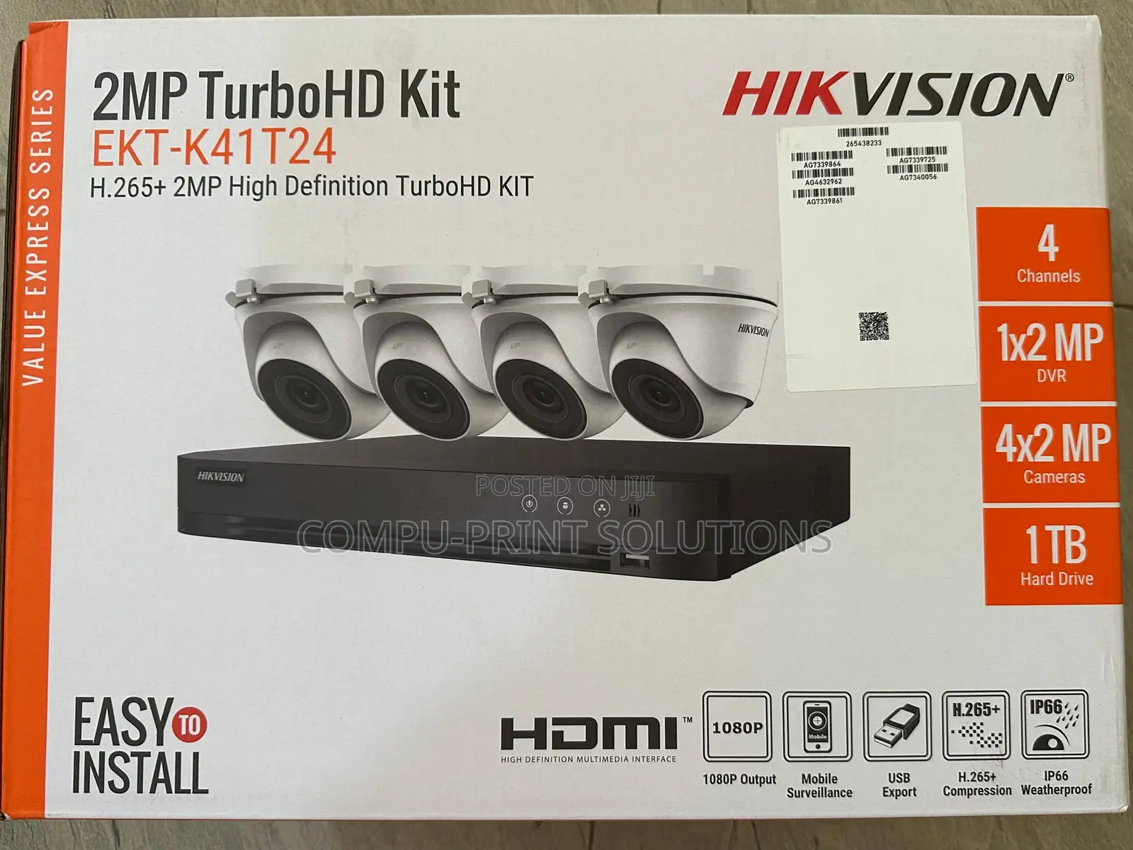 Hikvision Ekt-K41t24 4-Ch 4mp DVR With 1tb and 4qty 2mp Turret Cameras