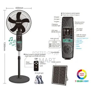 16 Inch Rechargeable Electric Solar Music Fan, Bluetooth and Panel