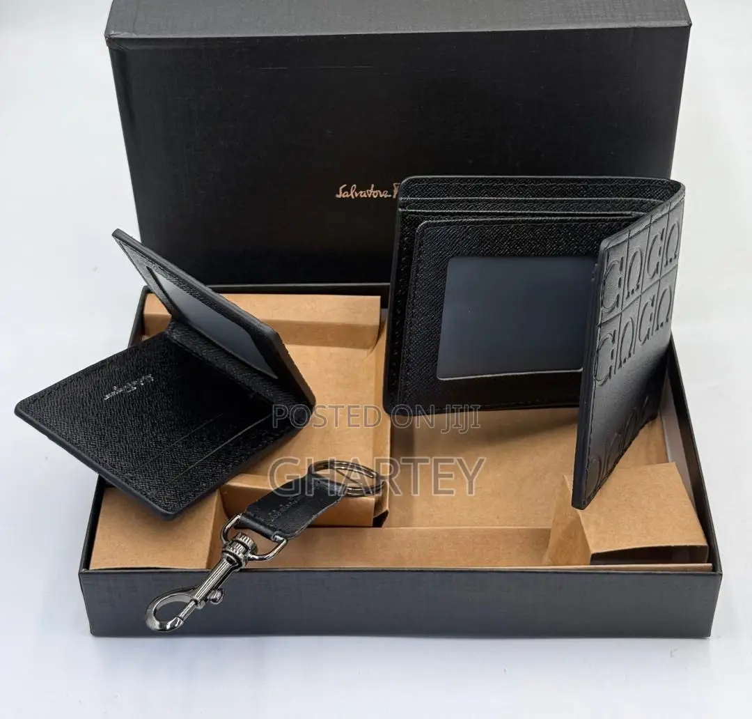 Men’S Black Leather Gift Set – Wallet, Card Case Key Fob